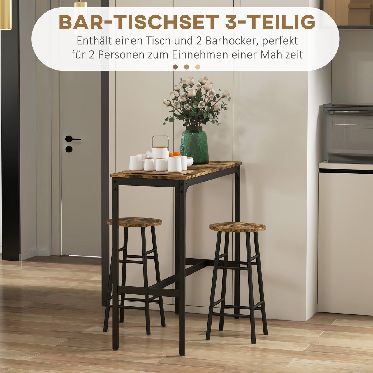 HOMCOM Bartisch-Set 3tlg. Bartisch mit Barhocker Set Essgruppe im Industriestil