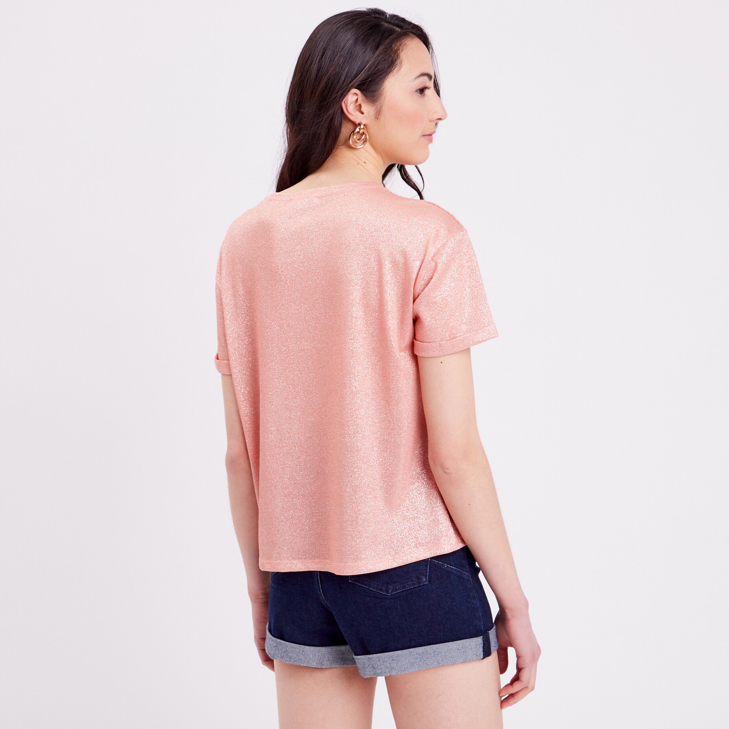 T-shirt fluide fils métallisés rose saumon femme | Cache Cache