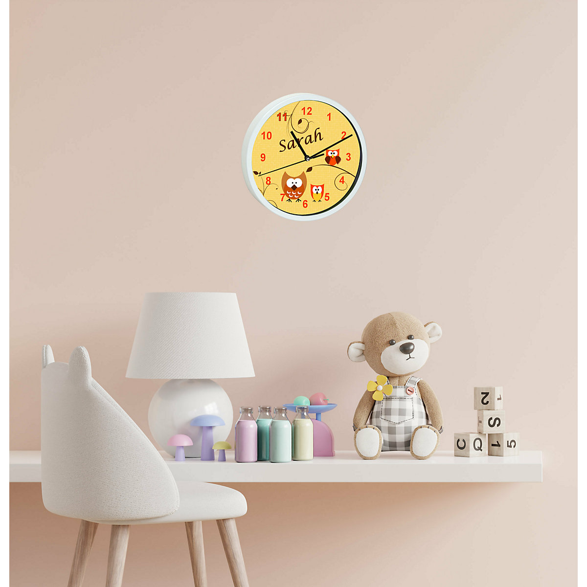 Kinder Wanduhr personalisiert mit Name Eule Orange