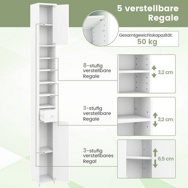 COSTWAY Hochschrank Bad, Schmal, mit Schublade, 2 Türen & Fächern, 180cm weiß