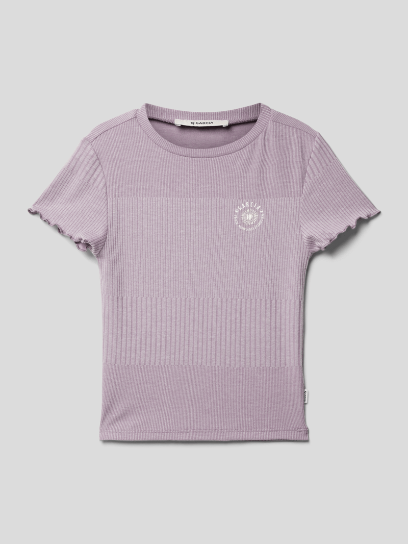 T-Shirt mit Viskose-Anteil und Label-Print in flieder