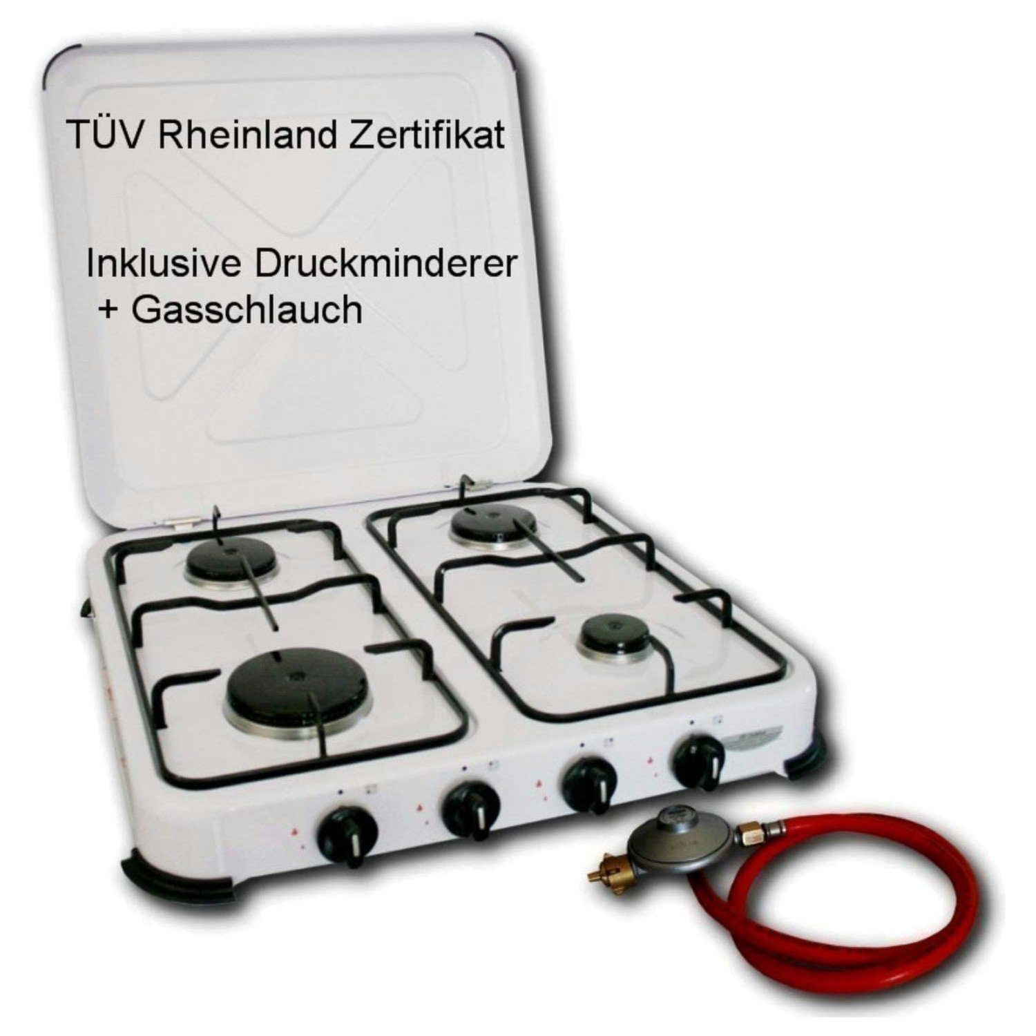 Kaminbau Mierzwa Gaskocher 4 flammiger Campingkocher, (Inkl. 80cm Anschlussschlauch und Druckminderer), Gasherd Gasofen