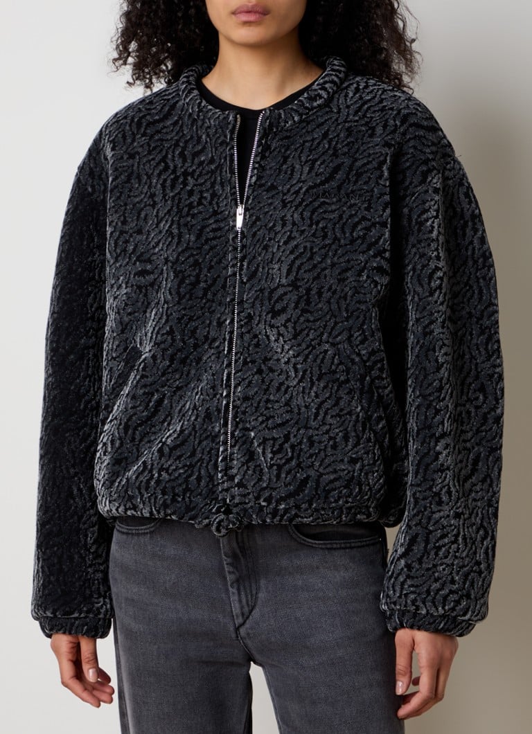 Isabel Marant Abelina dygsniuota aksominė bomber striukė su pūkų raštu