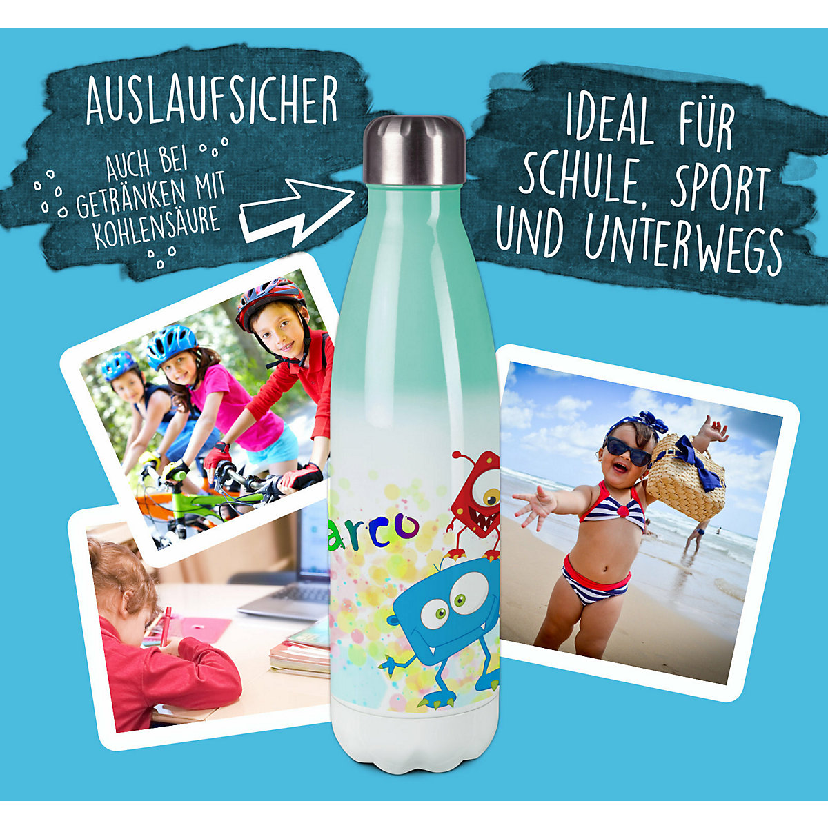 Edelstahl Kinder Thermoflasche / Trinkflasche bunt Monster Farbkleks Spülmaschinenfest, Auslaufsicher, Bruchfest, Doppelwandig, Für Heißgetränke geeignet, Mit Deckel, Isoliert