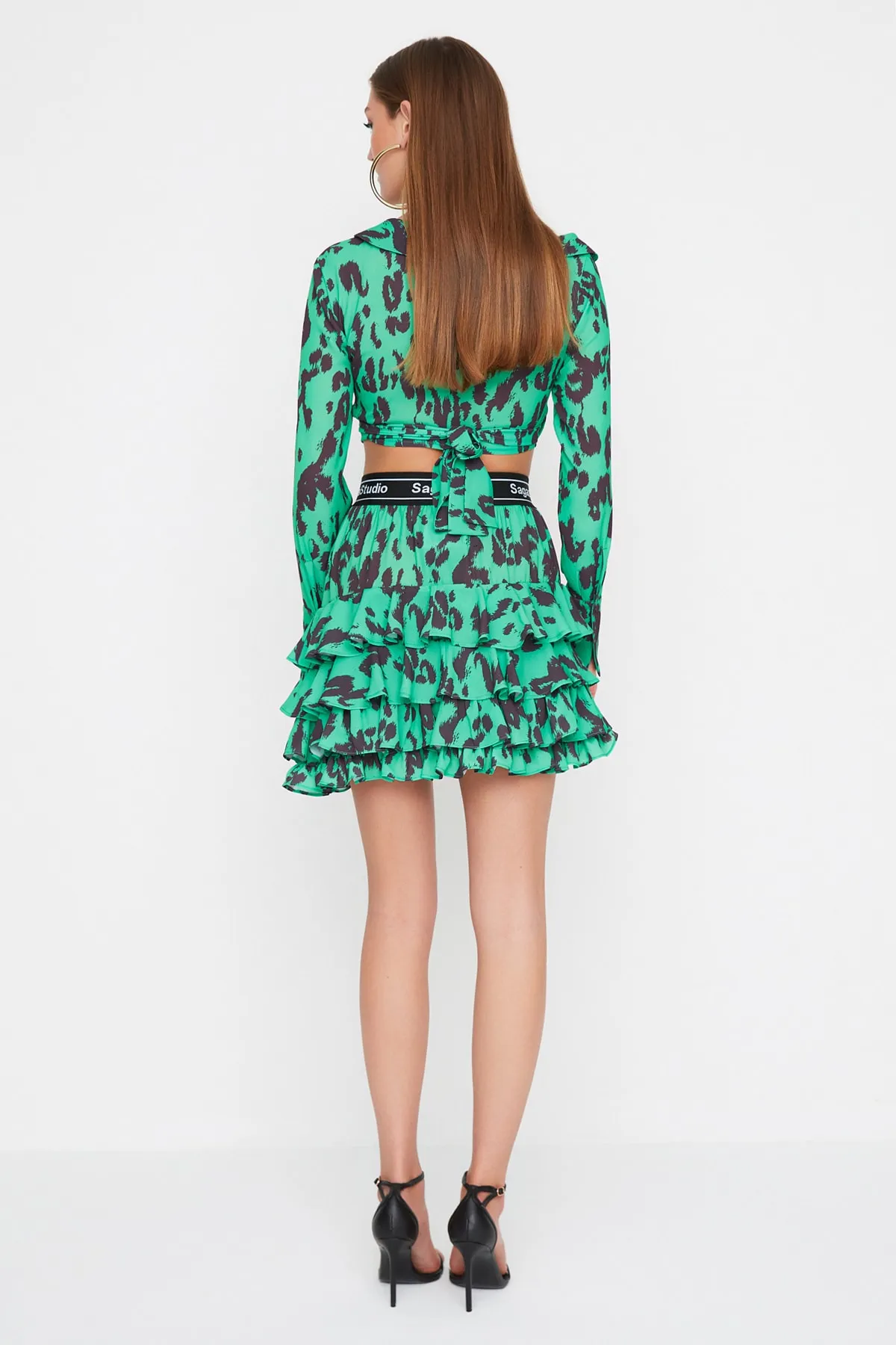 Trendyol Collection  X Sagaza Studio Grüner Chiffonrock mit Leopardenmuster TPRSS22ET00003