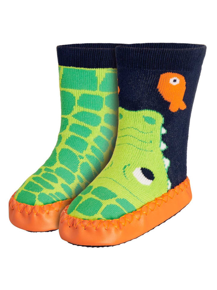Playshoes Hüttenschuh Krokodil in Marine/Grün günstig kaufen