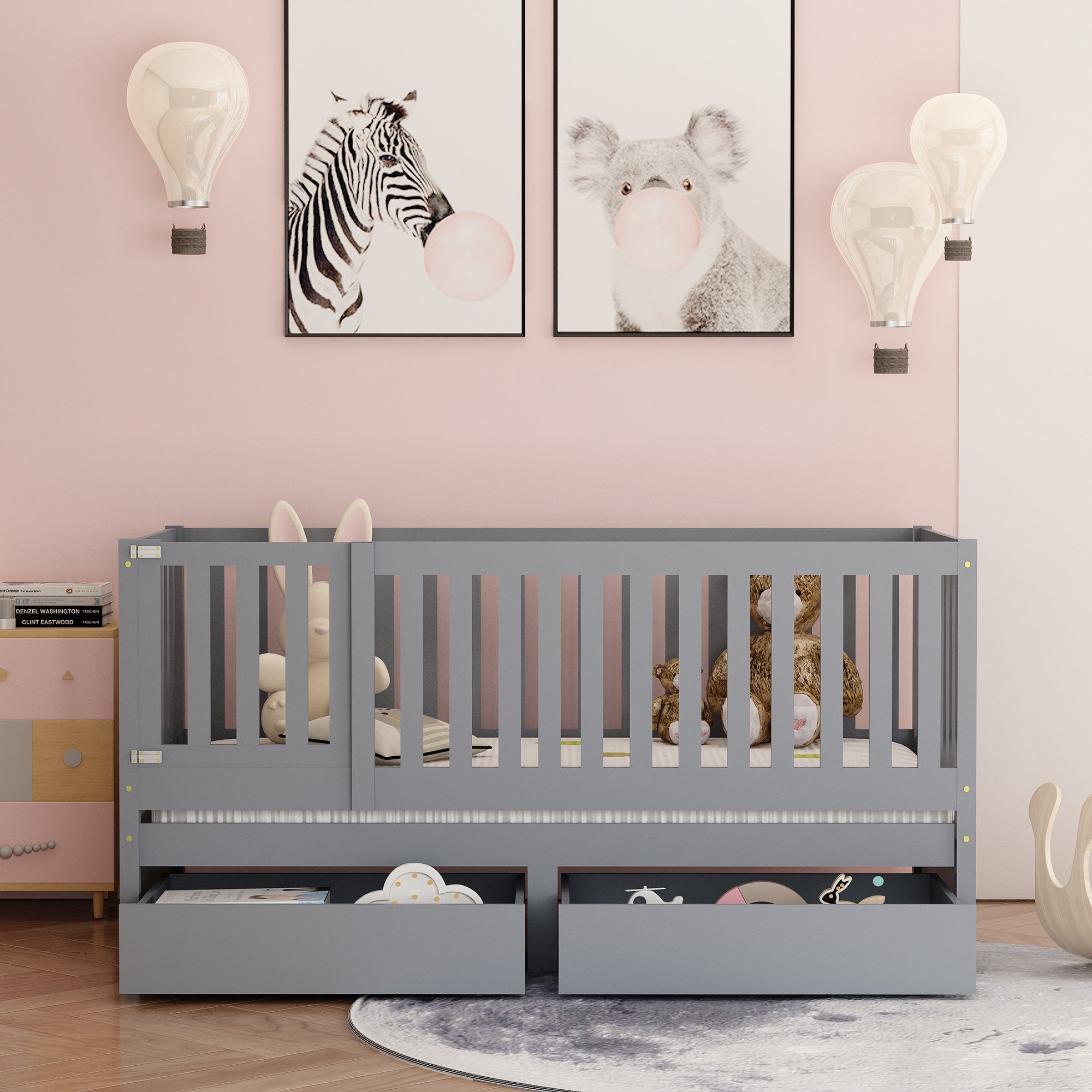 WISHDOR Babybett Baby Bett Kinderbett Jugendbett Holzbett Massivholzbett Bettgitter, 2-tlg., ohne Matratze mit Vollabtrennung Rausfallschutz 90x200 cm Massivholz