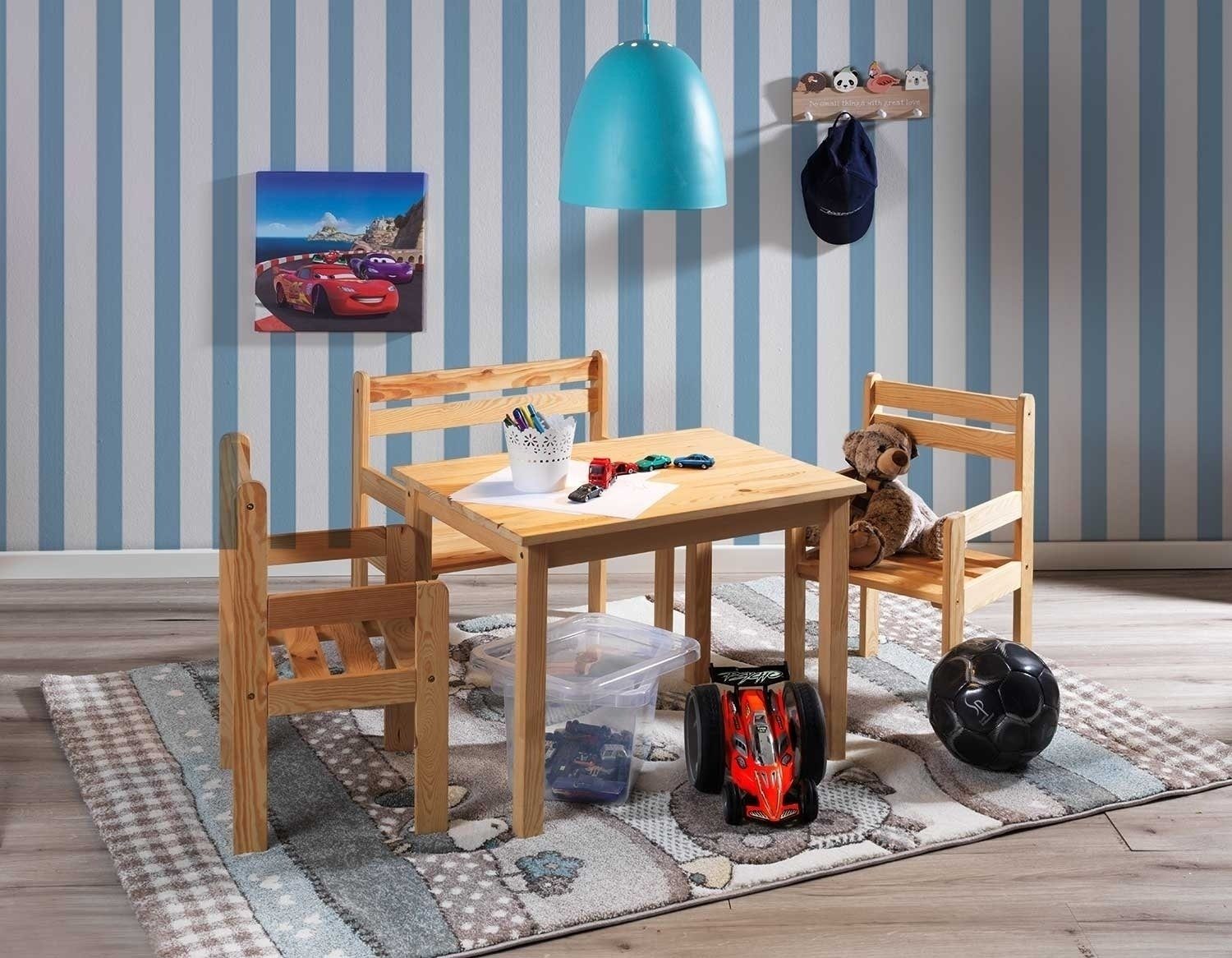 Home4You Kindersitzgruppe 4-teilig, Kiefer, Braun, 1 Tisch, 1 Bank mit Armlehnen, 2 Stühle mit Armlehnen