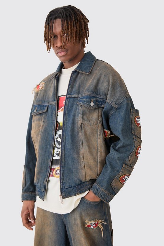 Oversize Nfl 49ers Jeansjacke mit Reißverschluss und Taschen