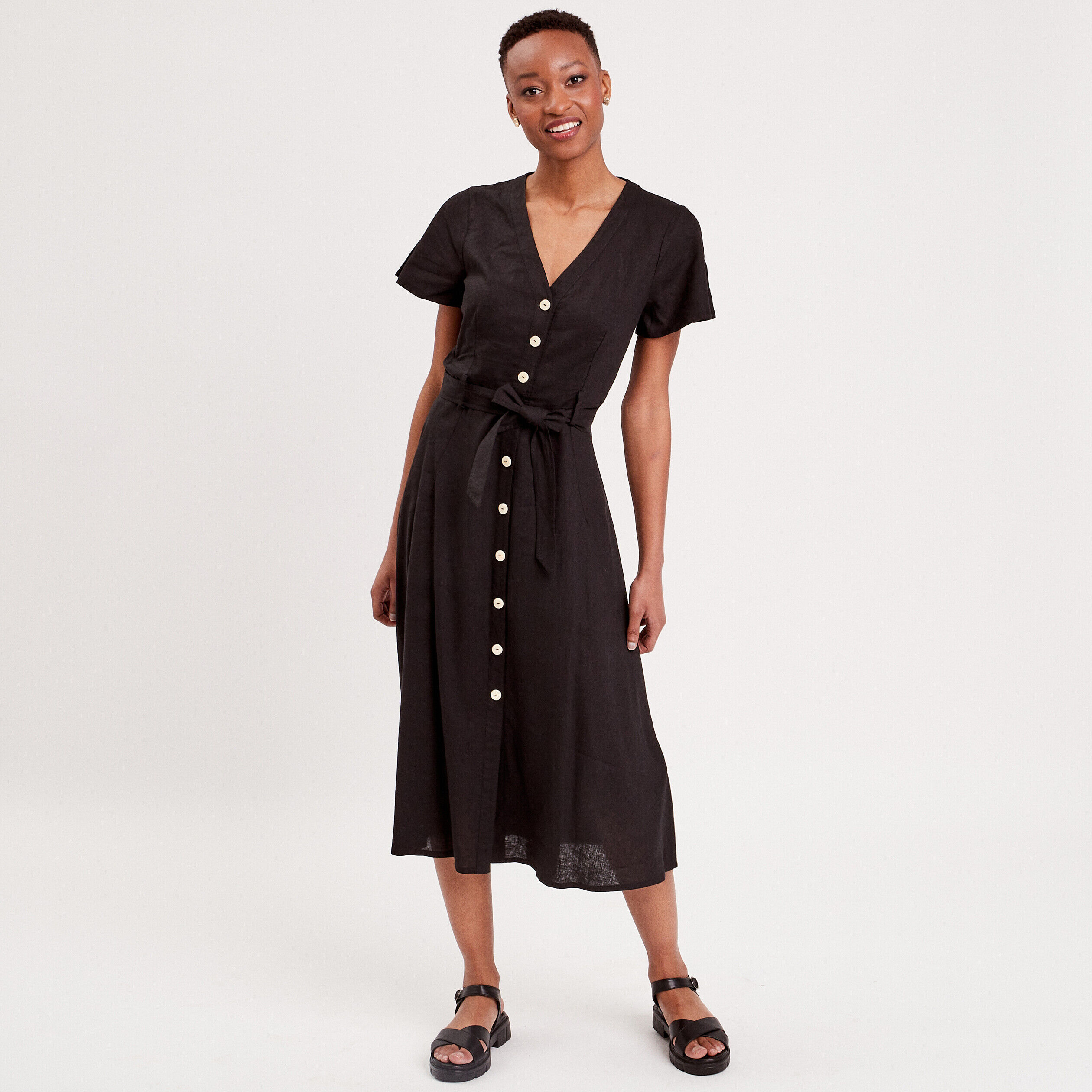 Robe boutonnée à manches courtes noir femme | Cache Cache