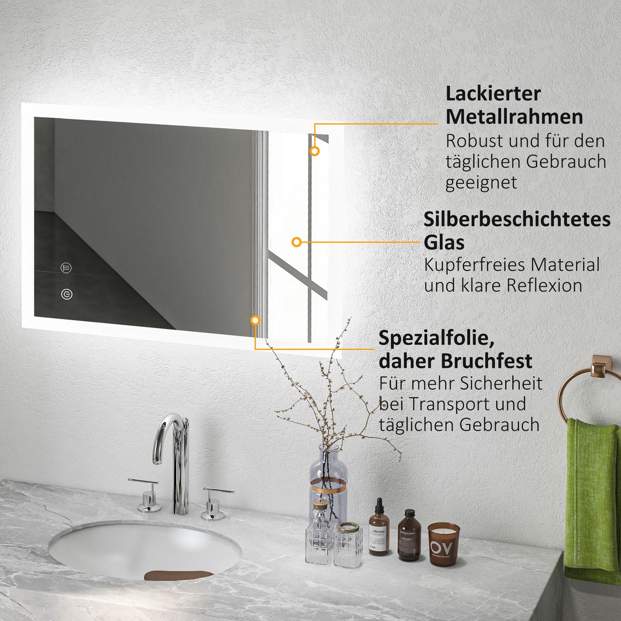 kleankin Badspiegel, Badezimmerspiegel mit LED-Leuchte, Memory-Funktion 80x 60cm
