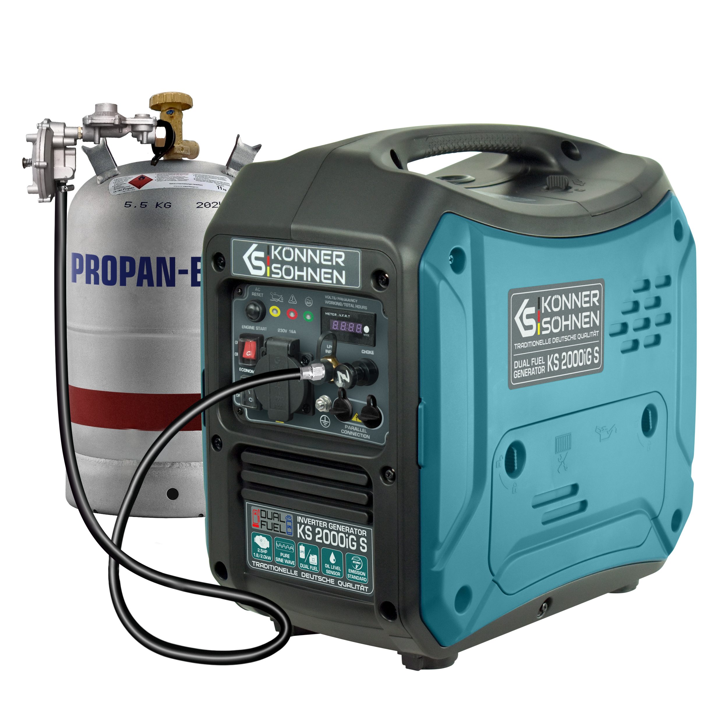 Könner & Söhnen Stromerzeuger KS 2000iG S, 2,00 in kW, (LPG/Benzin-Inverter-Generator Schalldichtes Gehäuse, 1-tlg., (62 dB Lpa 7 m),Schuko 230V, LED-Anzeige,ECO-Modus), Kupferwicklung, Kurzschluss- und Überlastschutz, EURO V