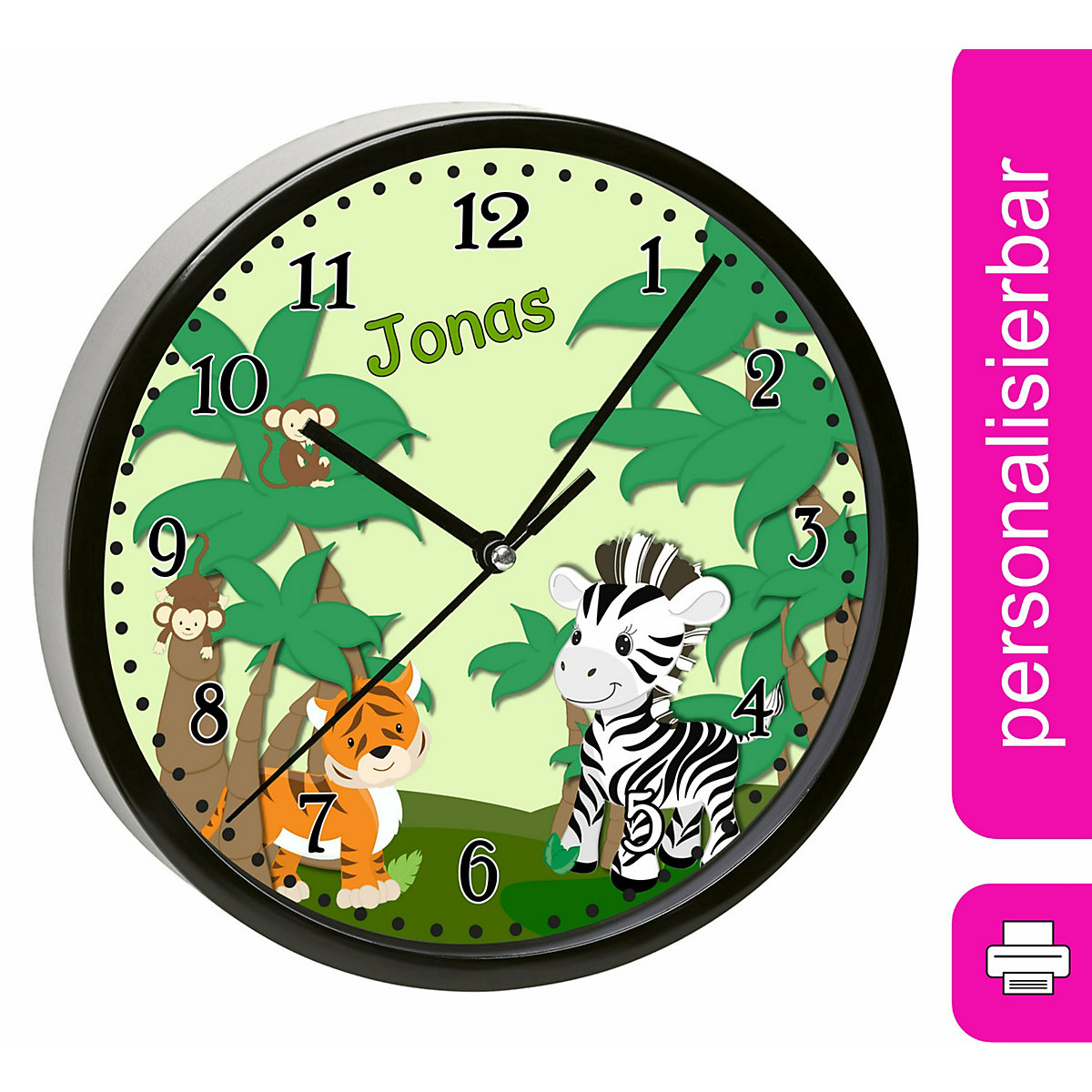 Kinder Wanduhr personalisiert mit Name Safari-Zebra