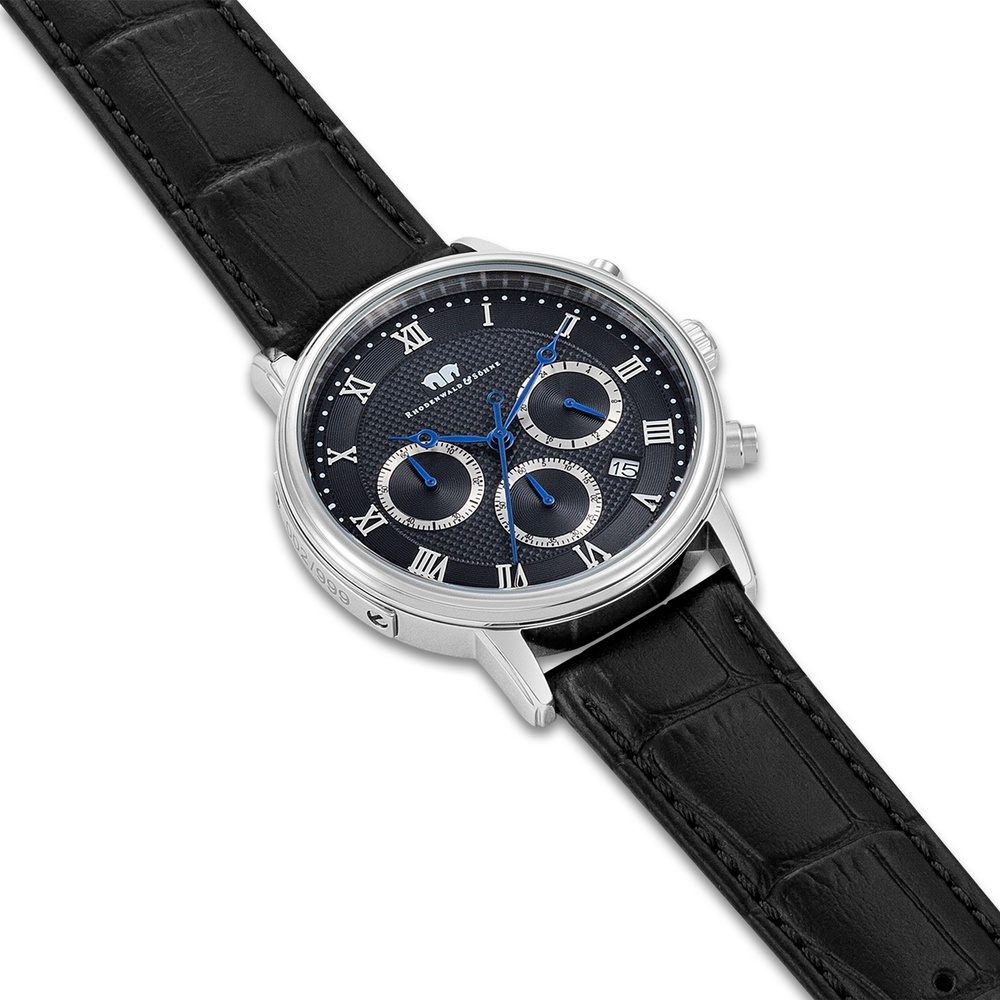 Rhodenwald & Söhne Chronographe Moonlight en Argent Cuir véritable en Noir Montre