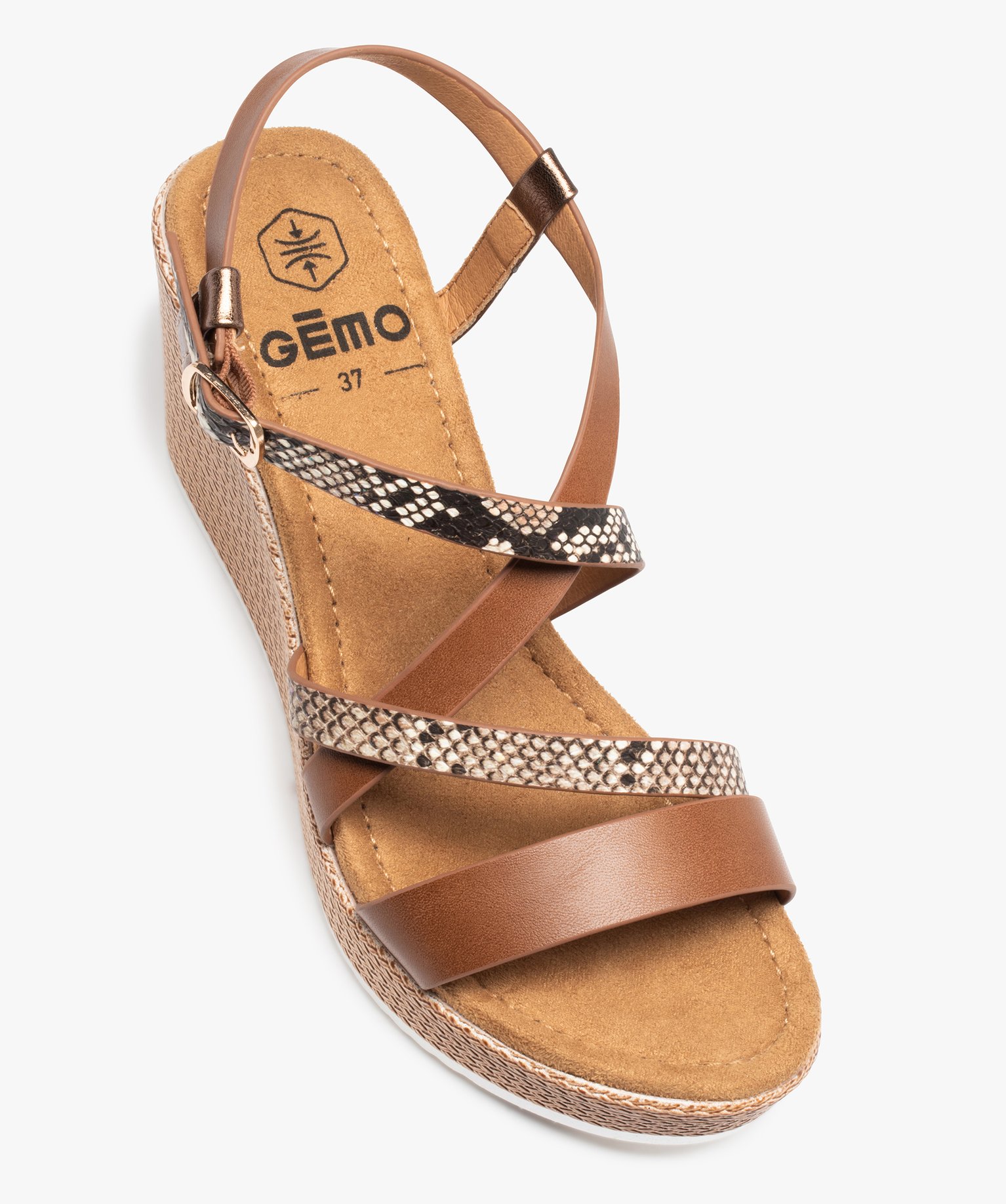 Sandales femme compensées à brides fantaisie marron | GEMO