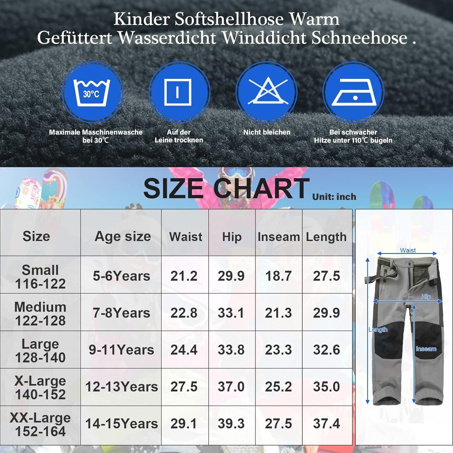 megadot Schneehose Kinder Softshellhose Schneehose Gefüttert Cargohose Outdoorhose Wasserdicht Thermohose Jungen Mädchen Winter Wanderhose