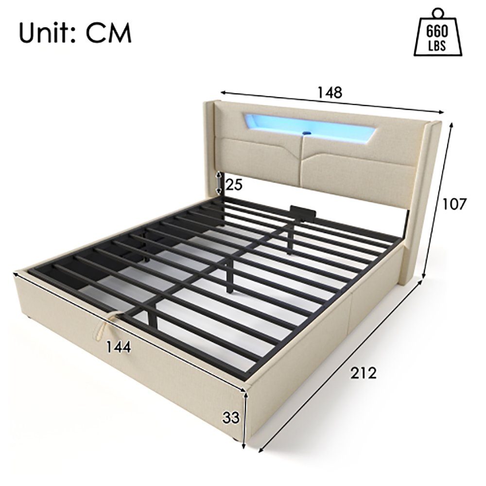 Sweiko Polsterbett, Stauraumbett mit Ladefunktion und LED-Beleuchtung, 140*200cm