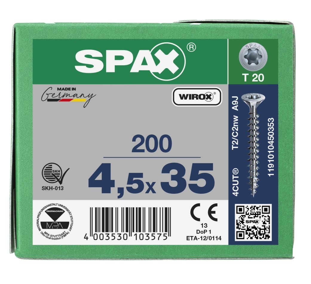 SPAX 1191010450353 Universal screw 4.5 x 35 mm, Full thread, Countersunk head, T-STAR plus T20 - 200 pieces