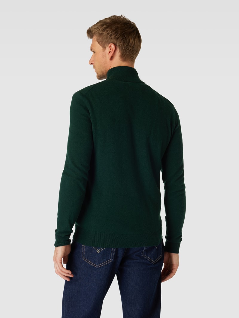 Strickjacke aus Lammwoll-Mix mit Stehkragen und Label-Stitching in dunkelgrün