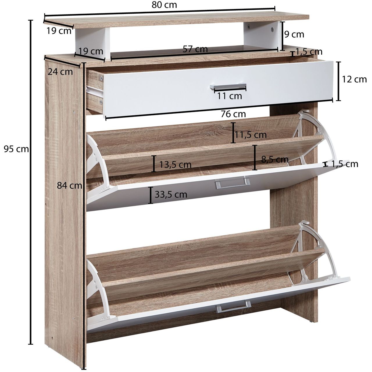 Wohnling Schuhschrank MDF Sonoma Eiche 80 cm Schuhregal Schuhkipper Design Schuh-Kommode modern Sideboard Schuhablage