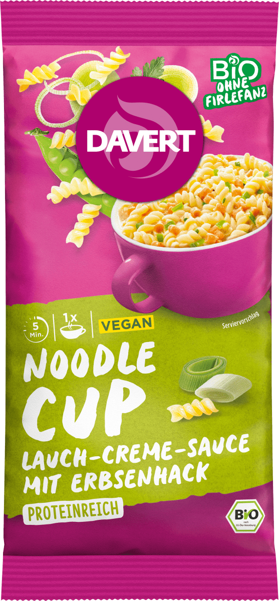 Fertiggericht, Noodle Cup Lauch-Creme-Sauce mit Erbsenhack, 58 g