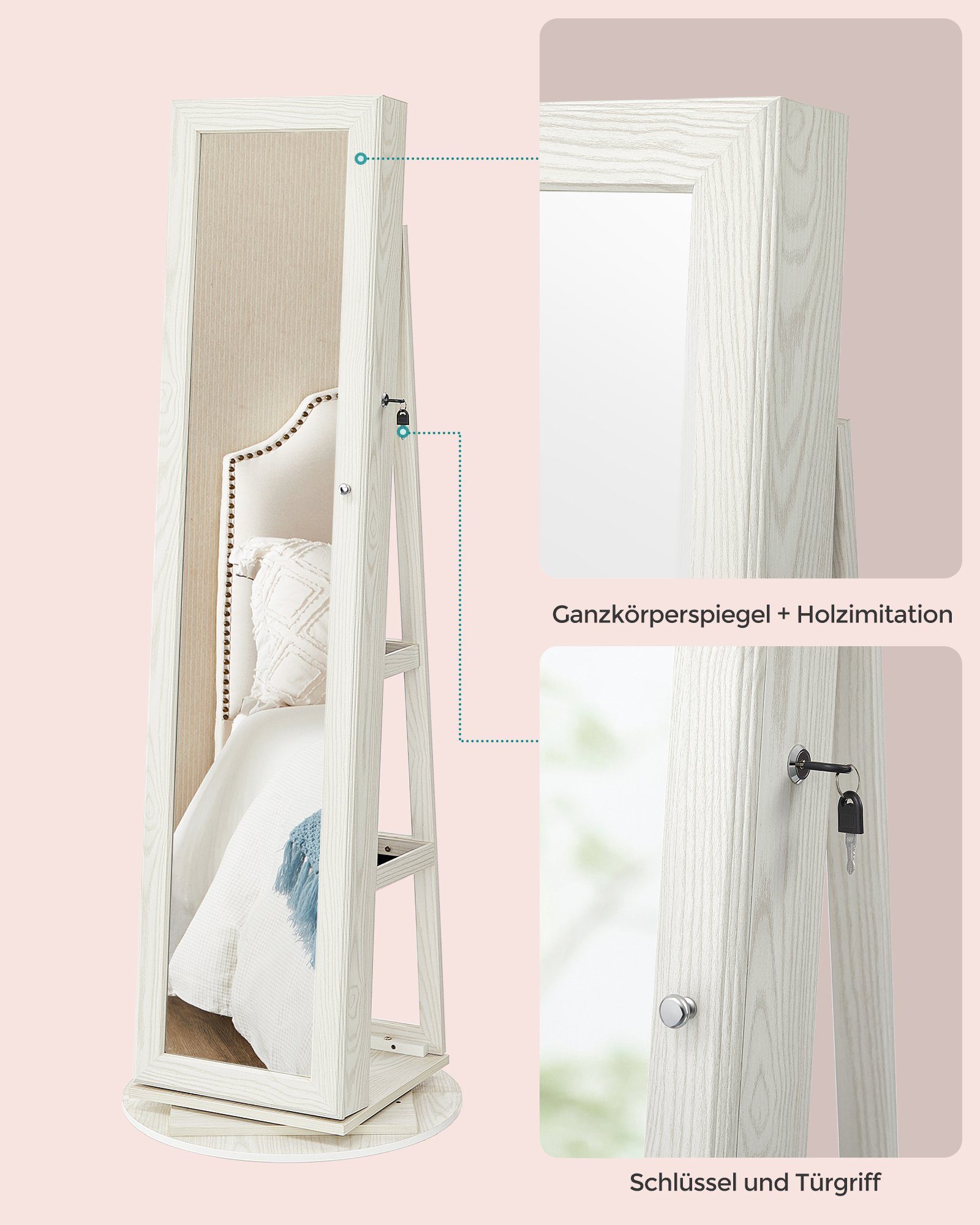 SONGMICS Schmuckschrank Spiegelschrank Schlüsseln, Geschenkidee, 3 Ablagen