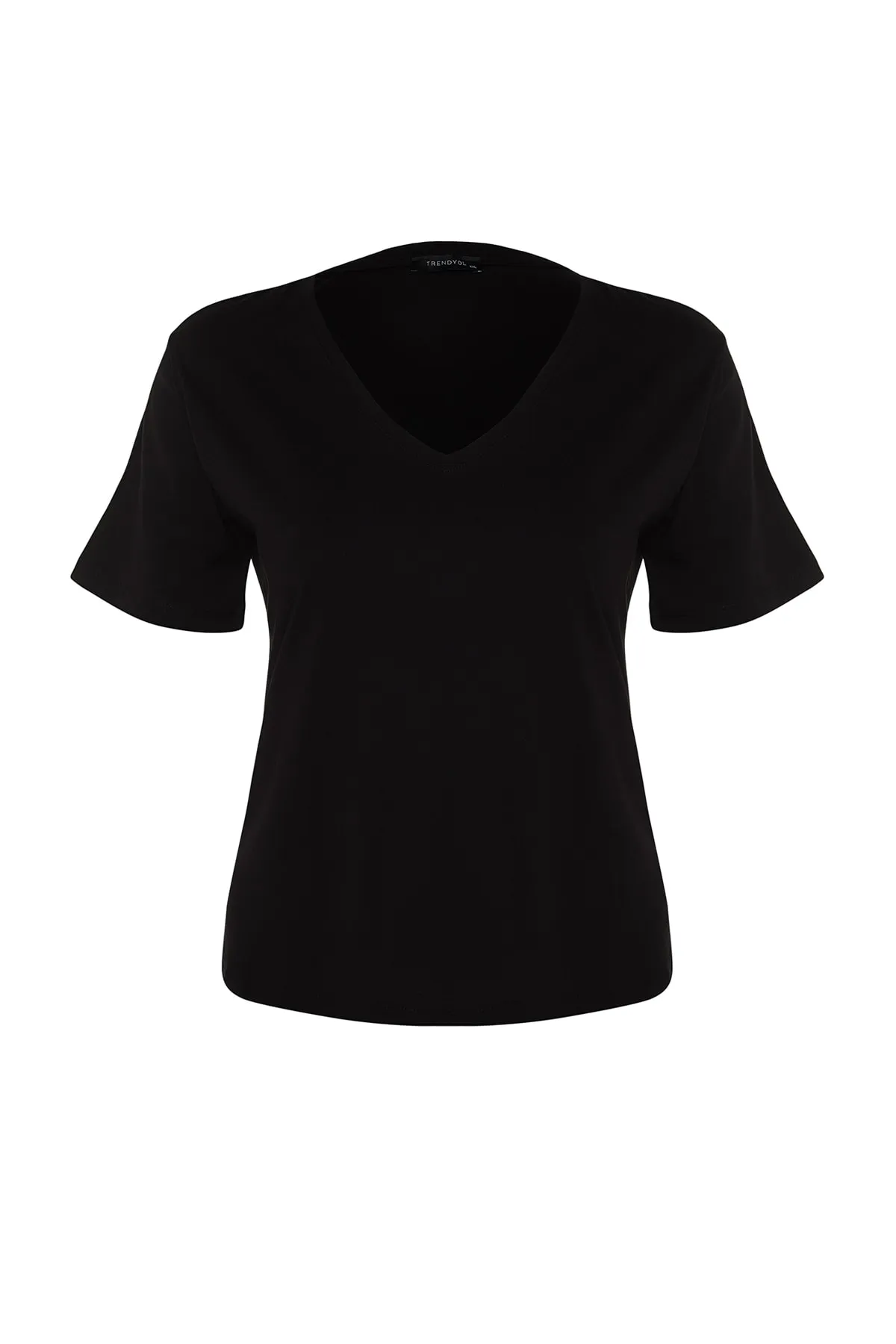 Trendyol Curve  Schwarzes Basic-Strick-T-Shirt mit V-Ausschnitt TBBSS22BF0028