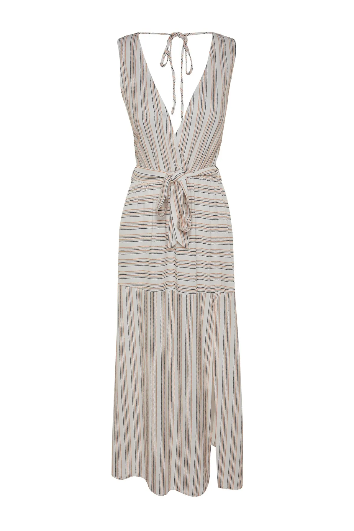 Trendyol Collection  Gestreiftes Midi-Strandkleid mit gewebtem Schlitz und Gürtel TBESS23EL00181