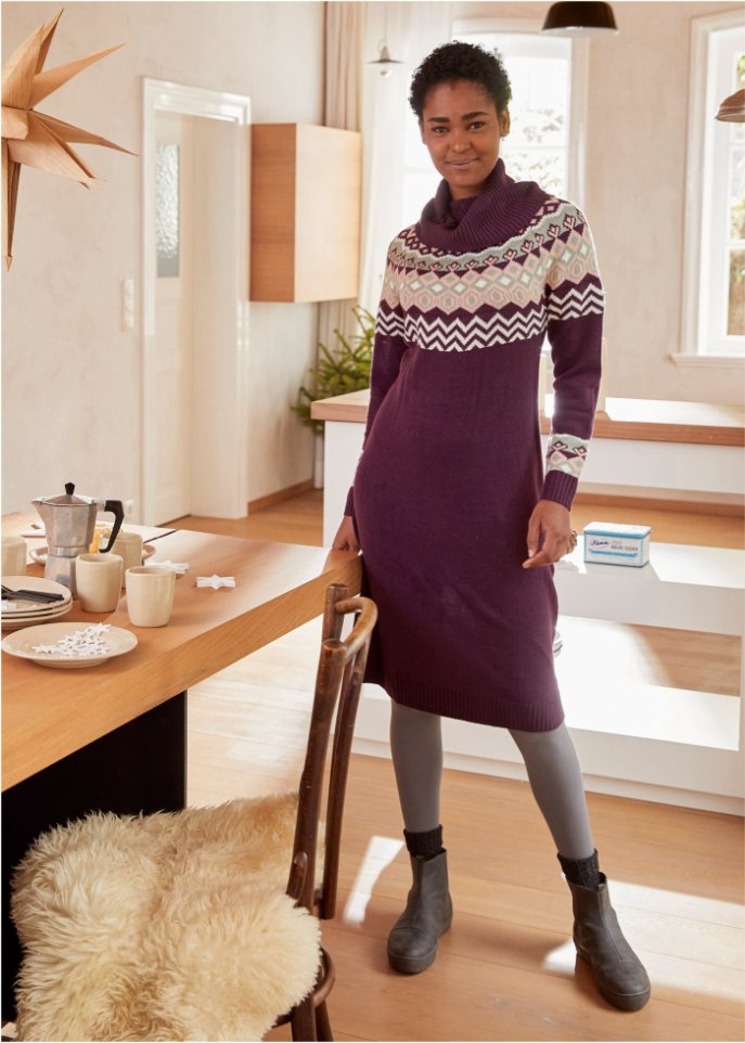 Strickkleid mit Norwegermuster und weitem Rollkragen, kniebedeckend