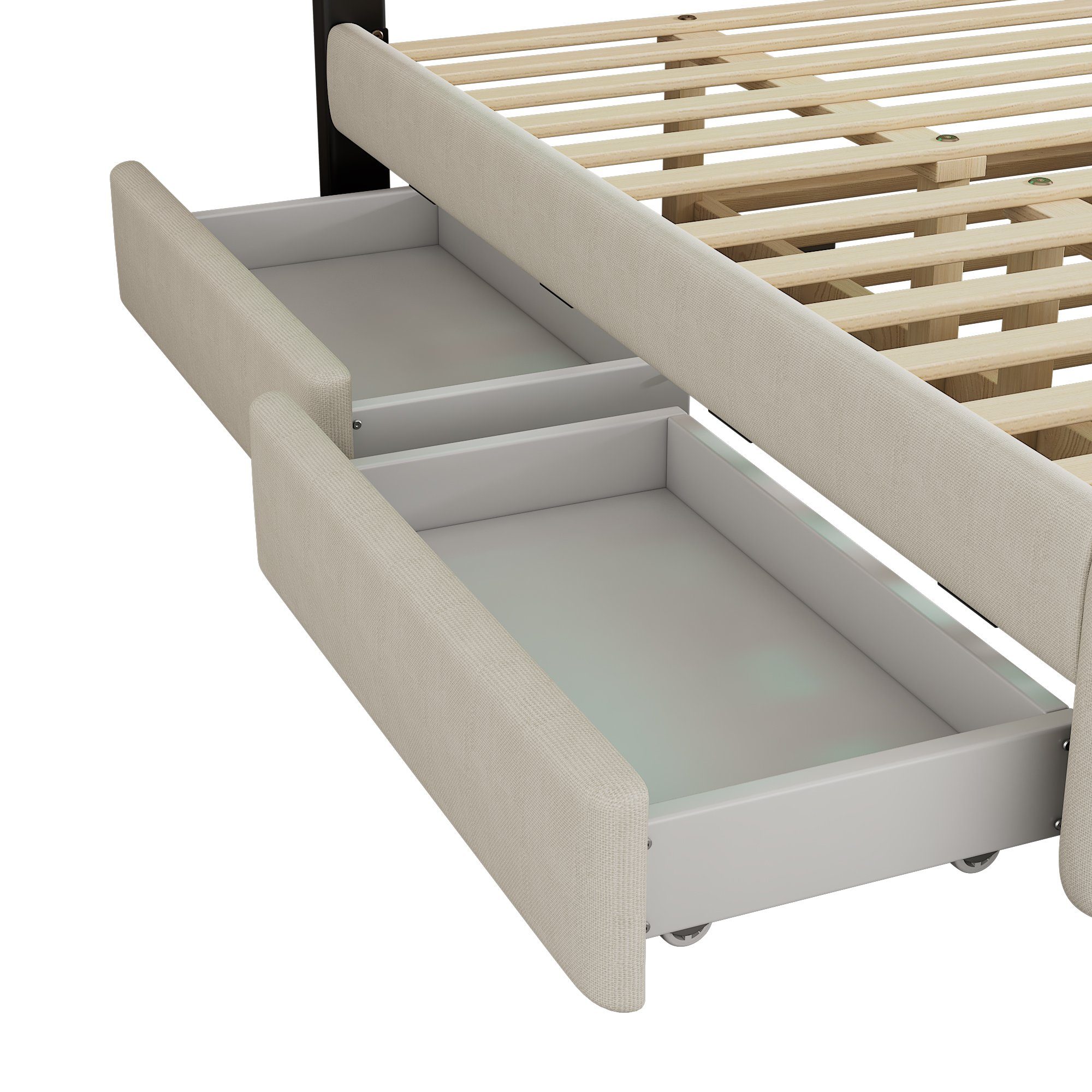 Flieks Polsterbett, LED Doppelbett 140x200cm mit 2 Schubladen, Ausziehbett 90x190cm Leinen