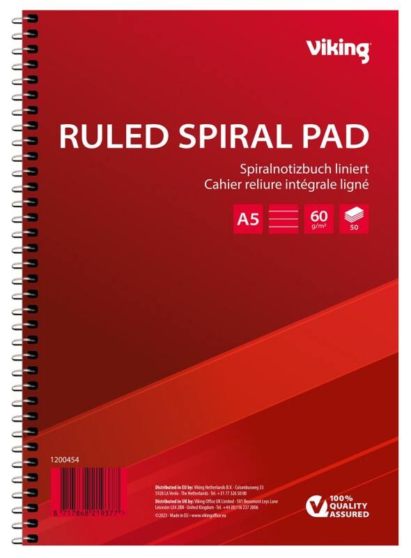Viking Notizbuch DIN A5 Liniert Spiralbindung Seitlich gebunden Papier Softcover Rot Perforiert 100 Seiten 5 Stück