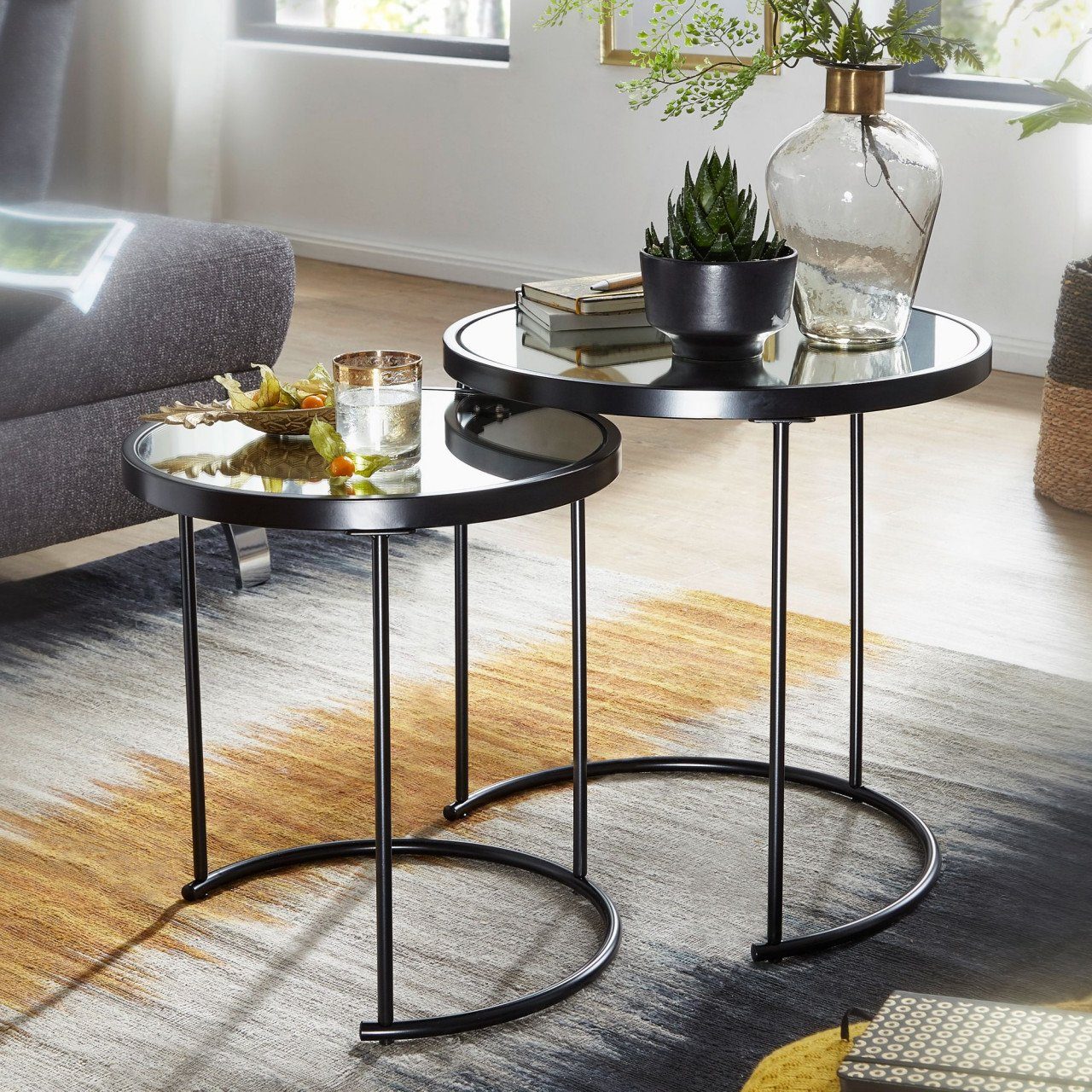 furnicato Beistelltisch Design Rund Ø 50/42 cm - 2 teilig Schwarz mit Spiegel Glas, Wohnzimmertisch