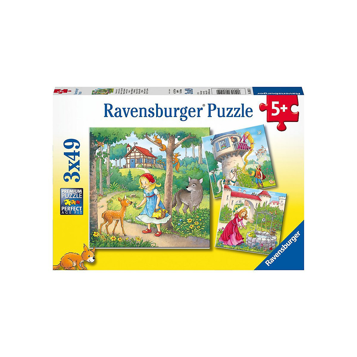 3er Set Puzzle, je 49 Teile, 21x21 cm, Rapunzel, Rotkäpchen & Froschkönig