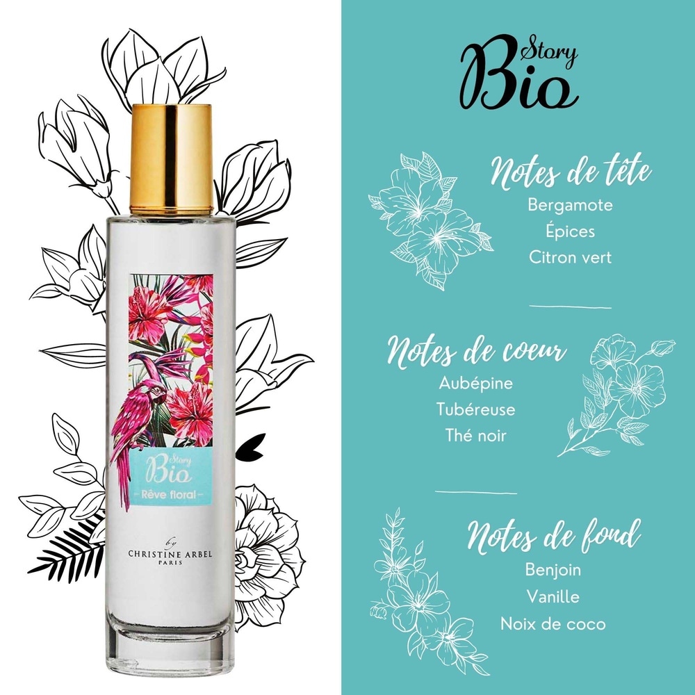 christine arbel COFFRET STORY BIO Rêve Floral EDT 50 ml+ 1 brosse à cheveux en bois EAU DE TOILETTE