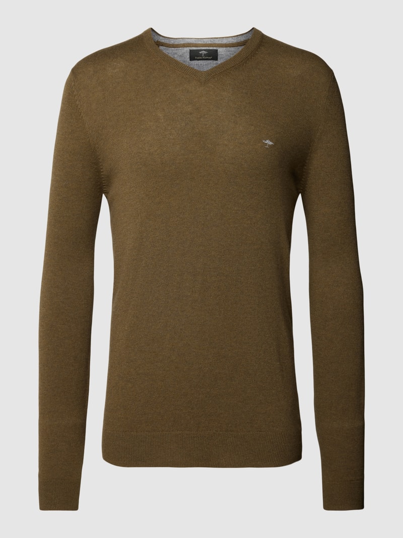 Strickpullover mit Logo-Stitching in dunkelgrün meliert