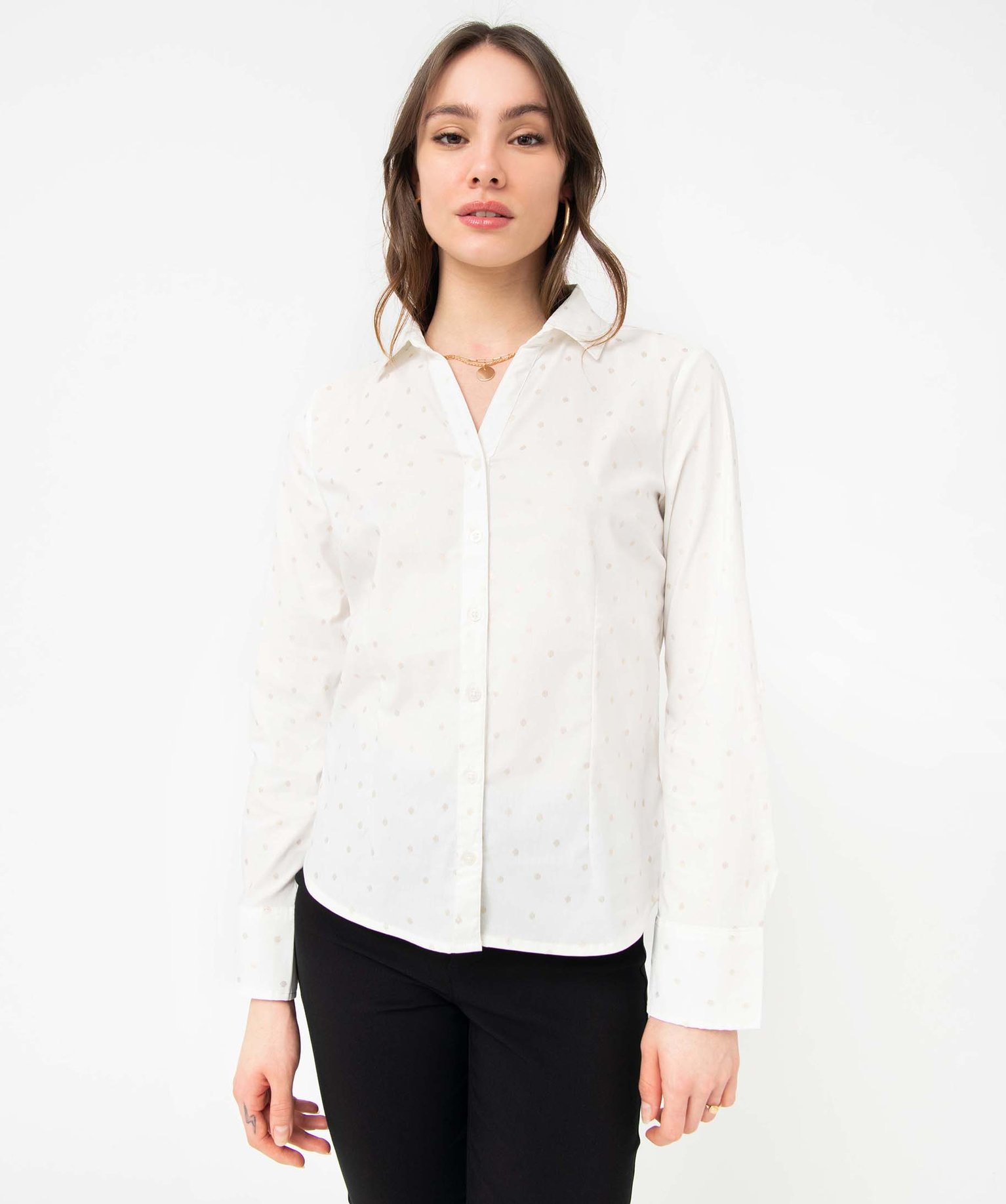Chemise femme à motifs pailletés avec manches retroussables ecru | GEMO