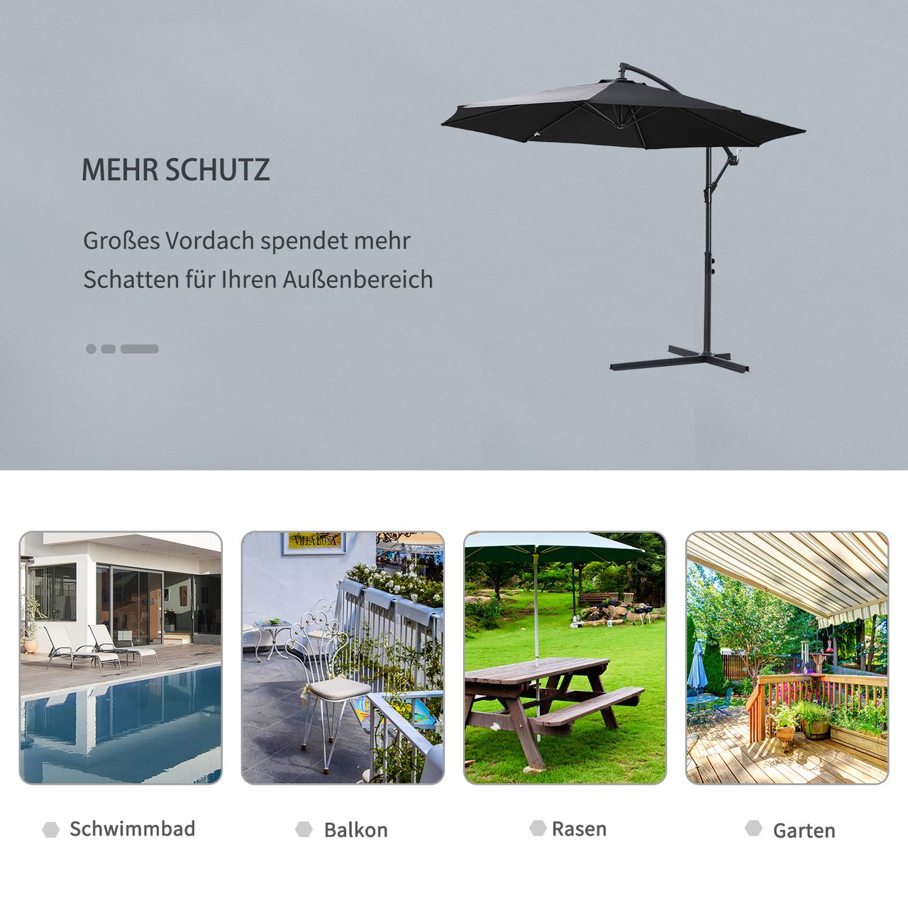 Outsunny Sonnenschirm mit Handkurbel Schwarz Ø3 x 2,5H m