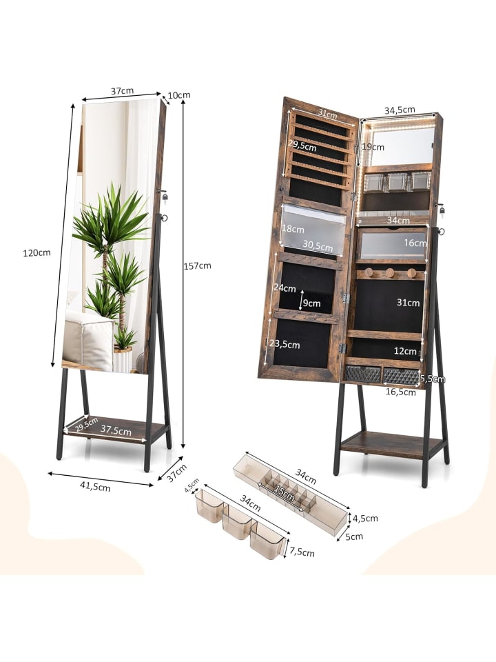 COSTWAY Schmuckschrank mit Spiegel in Braun günstig kaufen 37 cm