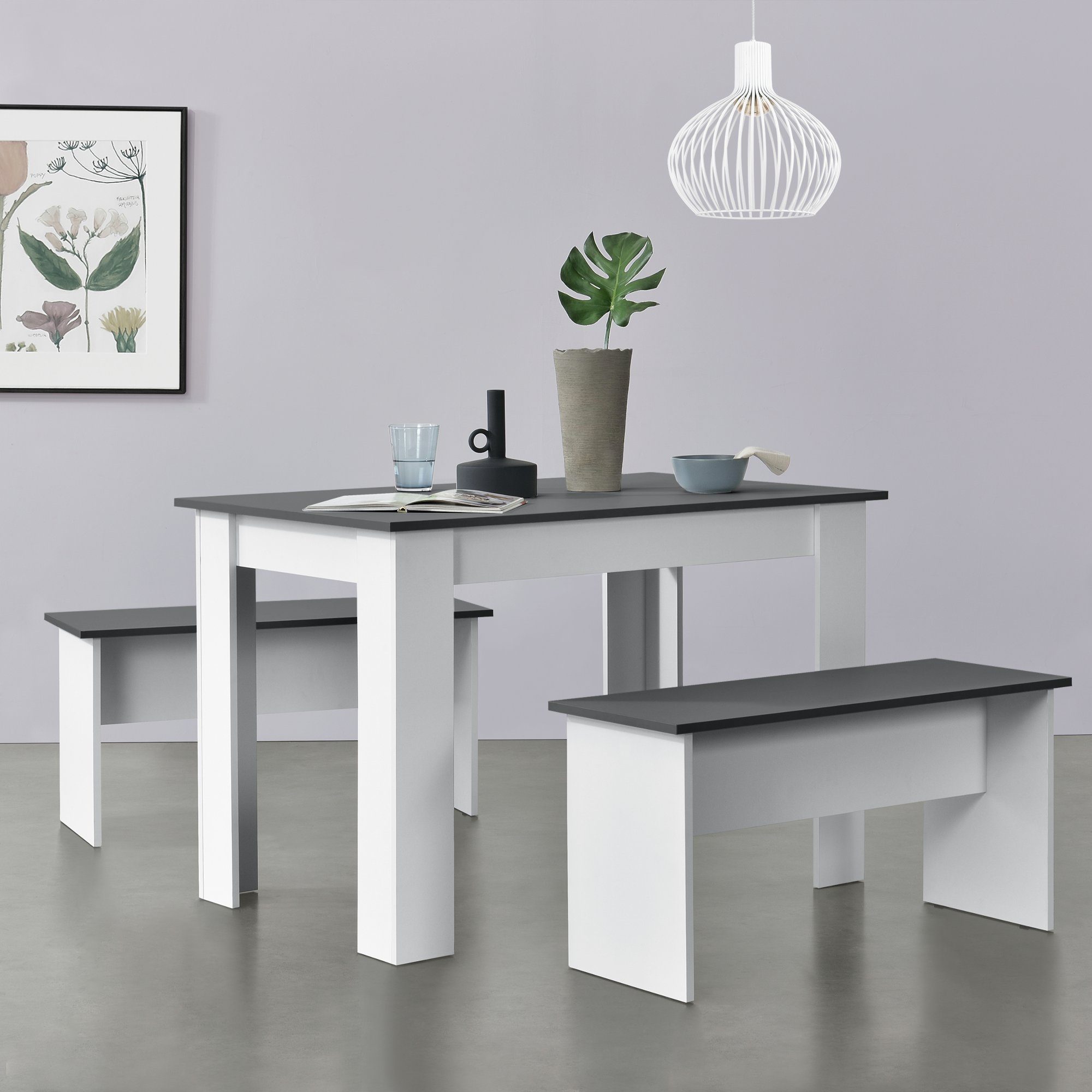 en.casa Essgruppe, (3-tlg), Hokksund Sitzgruppe Esstisch 110x70cm mit 2 Sitzbänken Weiß / Grau