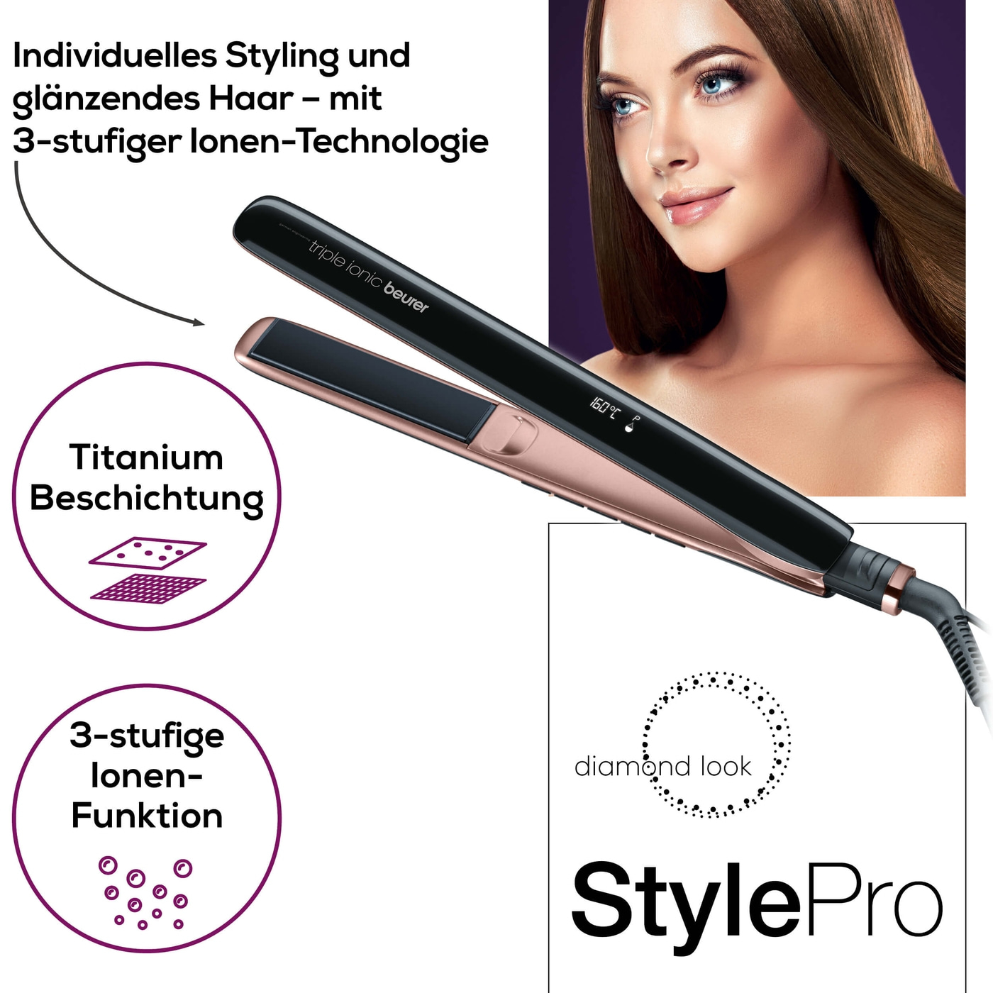 Beurer Haarglätter - HS 80-Glätteisen mit 3 Stufen Ionen Funktion & Schutzfunktion fürs Haar
