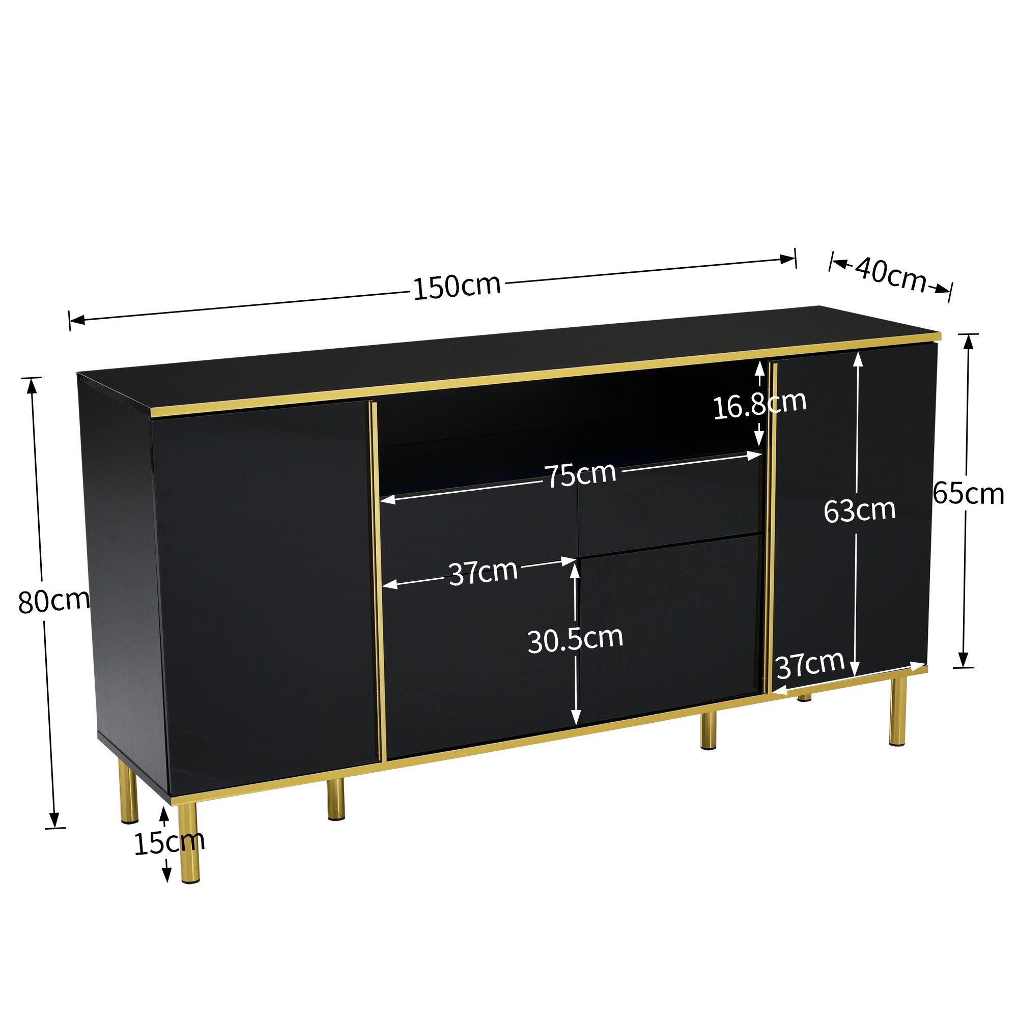 Merax Sideboard, hochglanz mit LED, Kommode mit goldenen Rahmen, Anrichte, Breite 150cm