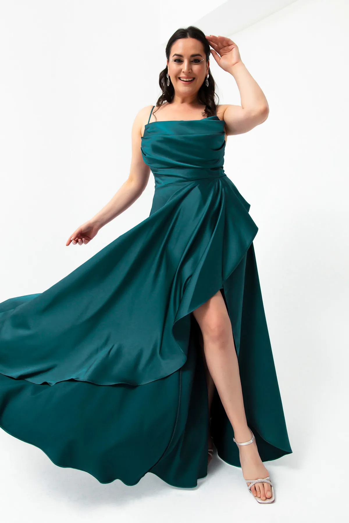 Lafaba  Abendkleid für Damen, Petrol, Volant, Schlitz, Übergröße, Satin, Abschlusskleid