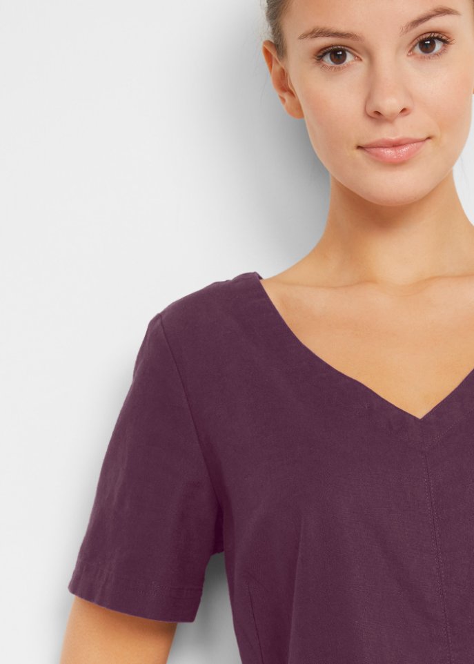 Knielanges Kleid mit Leinen und V-Ausschnitt, Halbarm