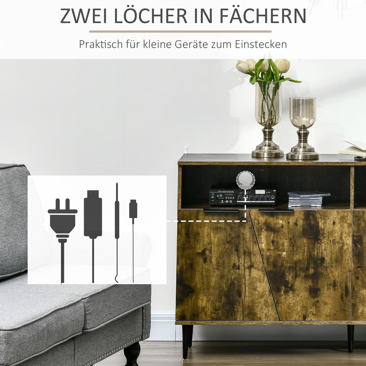 HOMCOM Küchenschrank Sideboard Aufbewahrungsschrank mit 2 Fächern und 2 Schränken Küchenmöbel Industrie-Design Spanplatte Rustikales Braun Schwarz 147 x 40 x 83 cm