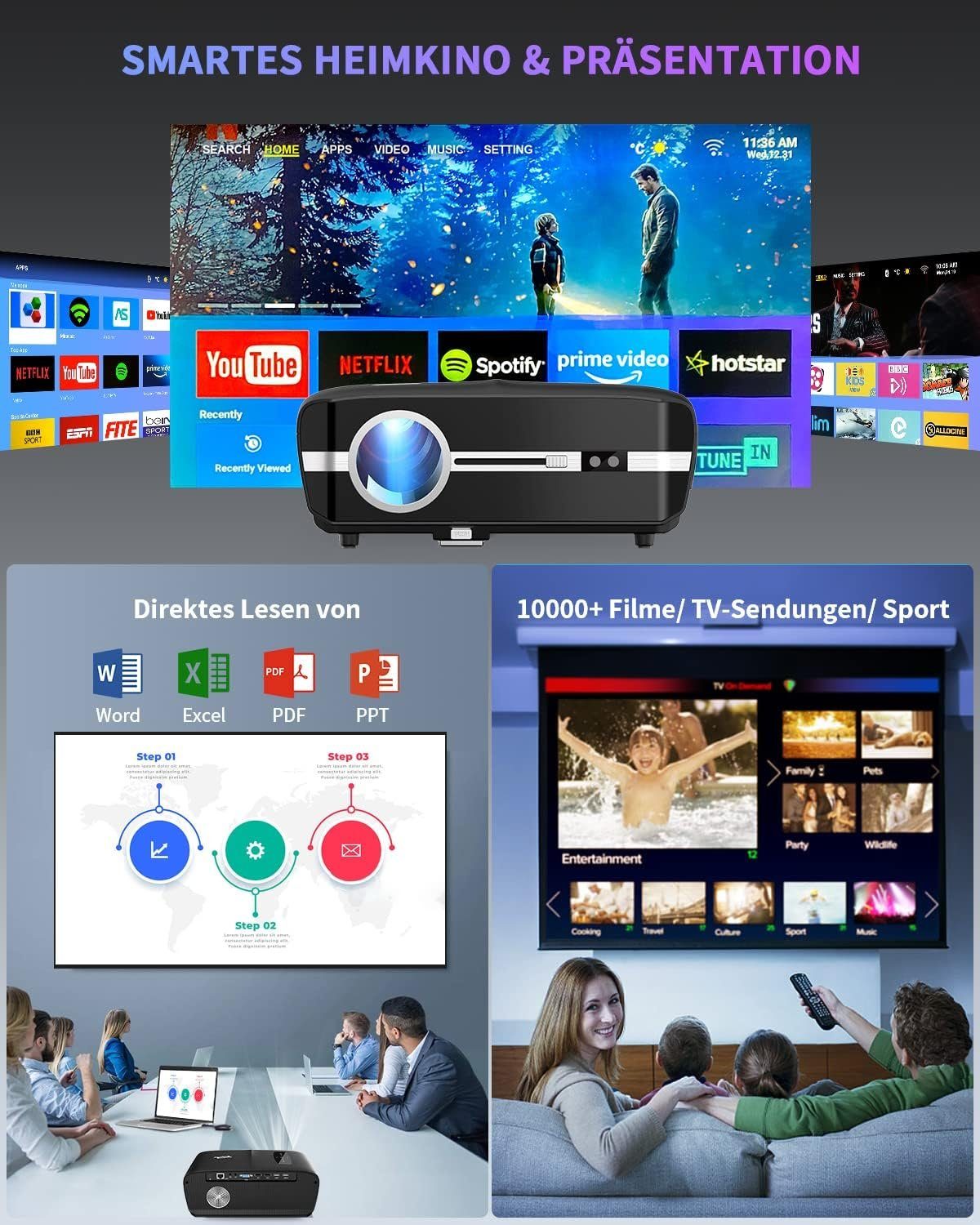 ZCGIOBN Hell LED Projektor 4K Intelligenter Heimkino Portabler Projektor (1000 lm, 1920x1080 px, Android Projektor 5G WiFi Bluetooth Wireless mit HDMI USB RJ45 Zoom)
