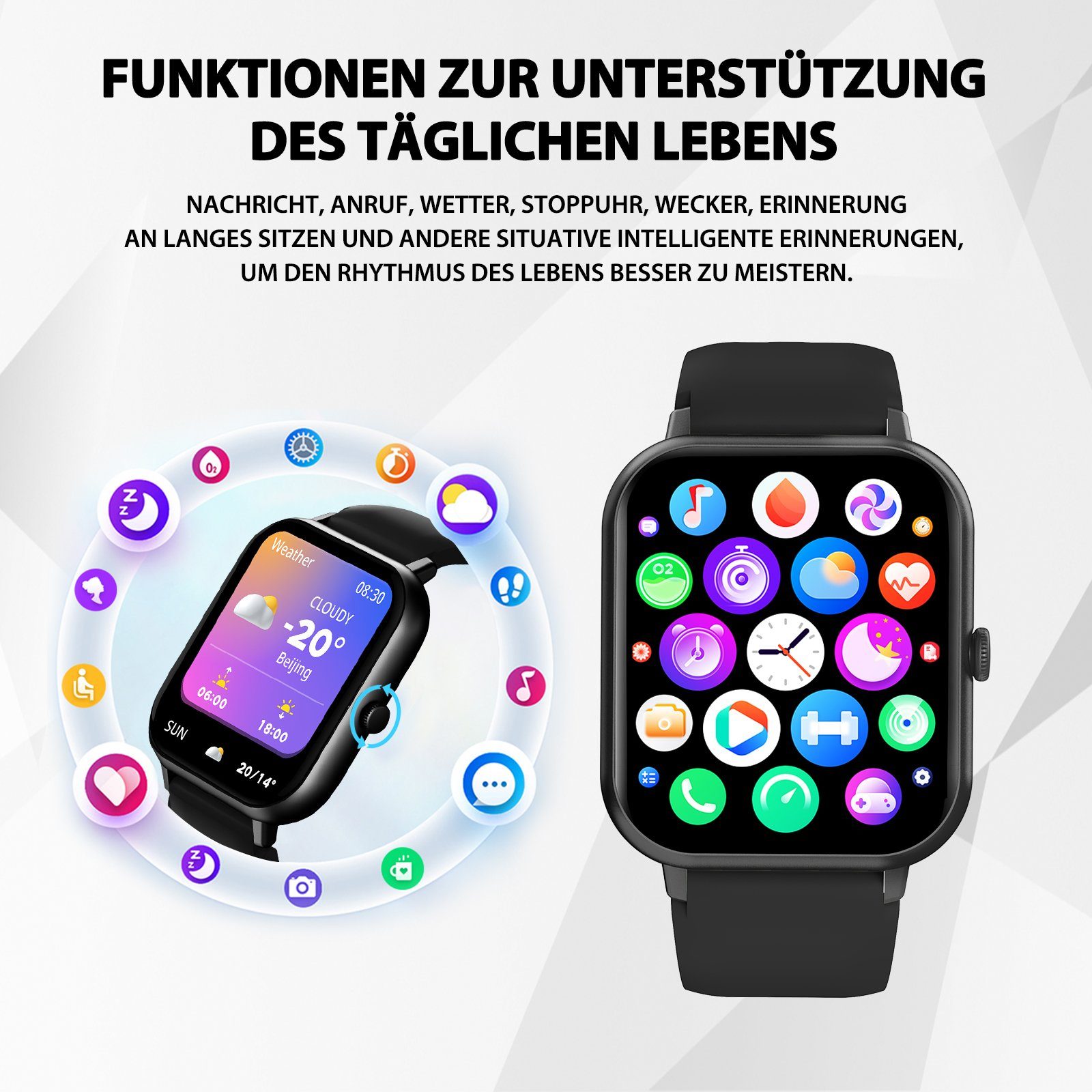 Yuede Smartwatch, Fitness Tracker uhr mit Anruffunktion für Damen und Herren Smartwatch (Quadratischer 1,85''-Voll-Touch-Farbdisplay Zoll Zoll) Gesundheits-Smartwatch mit Blutsauerstoff, Blutdruckmessung, Herzfrequenz, Schlafqualität, Schrittzähler,