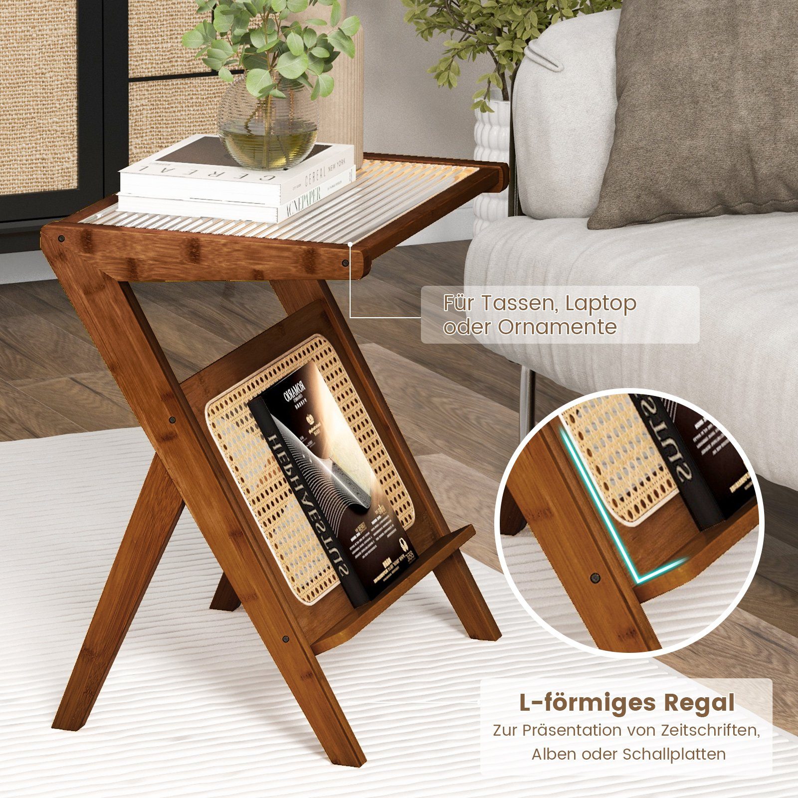 COSTWAY Couchtisch, Bambus, mit gehärteter Glasplatte & Rattan Magazinhalter