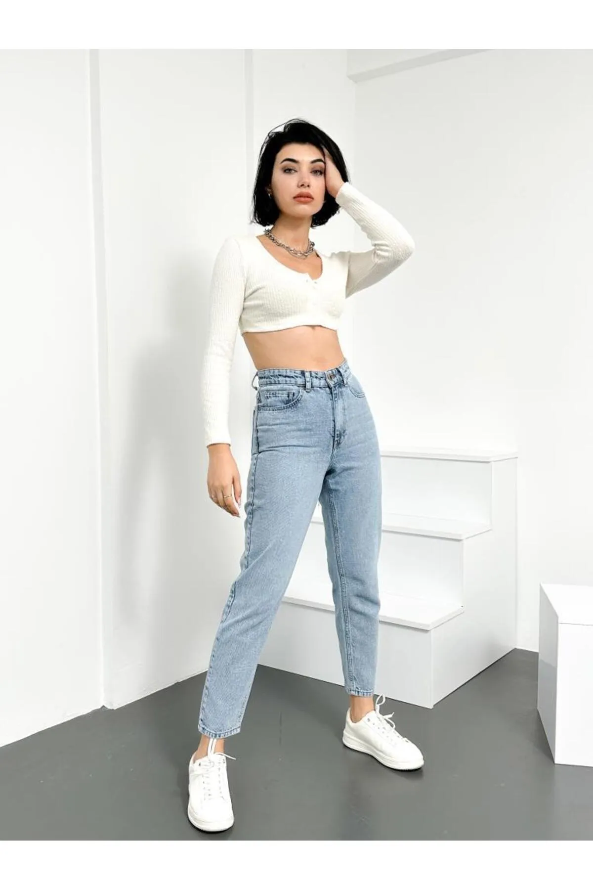 HLT JEANS  Blue Snow Damen-Mom-Jeans mit hoher Taille, Lycra-frei, Denim-Hose aus 100 % Baumwolle, Anna-Modell