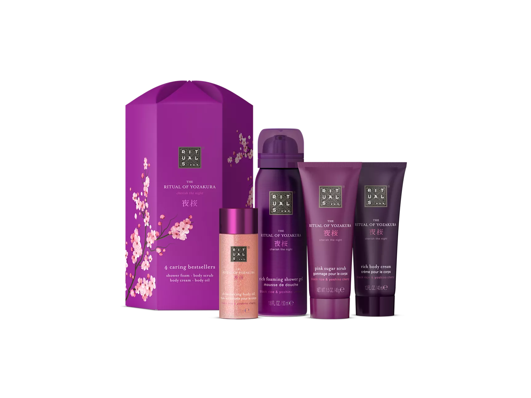 Coffret cadeau Le Rituel de Yozakura : gel douche moussant 50 ml, crème pour le corps 40 ml, gommage au sucre rose 45 g, huile corporelle scintillante 30 ml