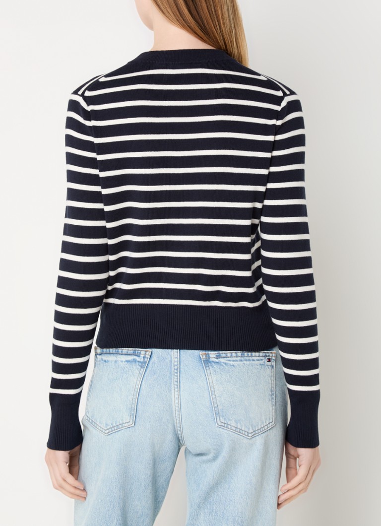 Feinstrick-Cardigan von Tommy Hilfiger mit Streifenmuster und Logostickerei.